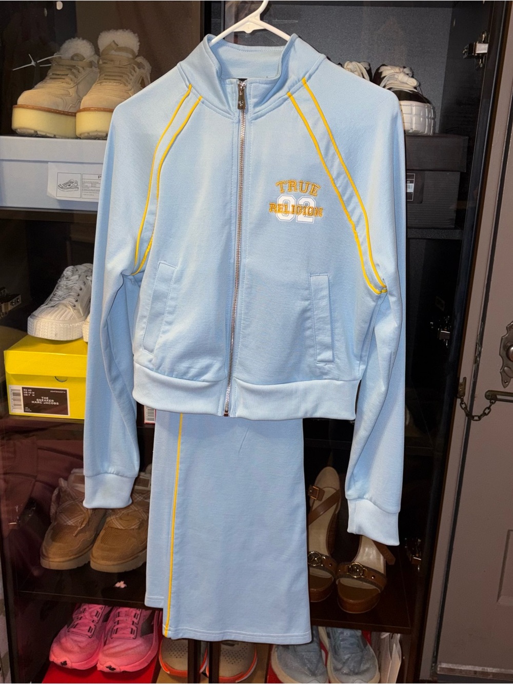 True Religion Light Blue Zip-Up Jacket with Yellow Stitching